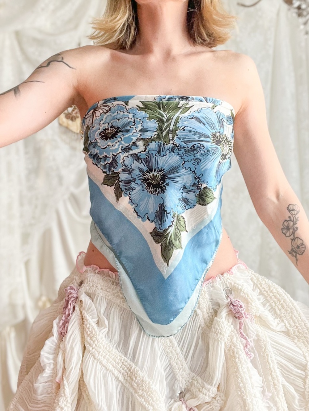 Vintage Blue Floral Scarf Large Square Romantic Bandana Top